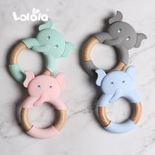 Load image into Gallery viewer, Silicone Teethers Cartoon Natural Beech Wood Elephant Sheep Teething Wooden Ring DIY Baby Christmas Gift Baby Teethers