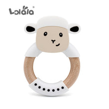 Load image into Gallery viewer, Silicone Teethers Cartoon Natural Beech Wood Elephant Sheep Teething Wooden Ring DIY Baby Christmas Gift Baby Teethers
