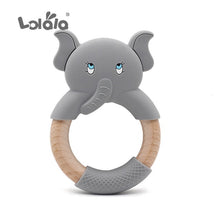 Load image into Gallery viewer, Silicone Teethers Cartoon Natural Beech Wood Elephant Sheep Teething Wooden Ring DIY Baby Christmas Gift Baby Teethers
